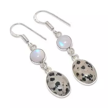 Серьги из серебра 925 пробы с натуральным далматинским яшмой и лунным камнем 1,85 дюйма u8e77
