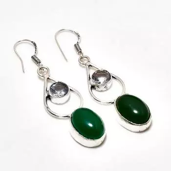 Серьги из серебра 925 пробы с зеленым ониксом и белым топазом, 2,08 дюйма