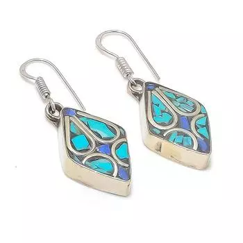 Серьги из серебра 925 пробы с натуральной тибетской бирюзой и лазуритом 1,65 дюйма W6K58