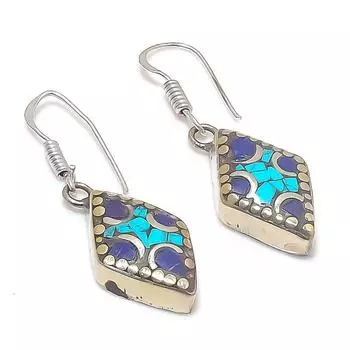 Серьги из серебра 925 пробы с натуральной тибетской бирюзой и лазуритом 1,58 дюйма U5M71