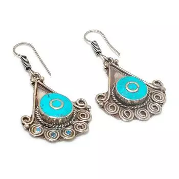 Серьги из серебра 925 пробы с натуральной тибетской бирюзой 2,21 дюйма g2R76