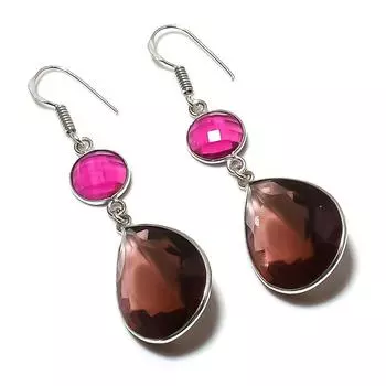 Серьги из серебра 925 пробы с натуральным дымчатым топазом и рубиллитом 2,48 дюйма K1V49