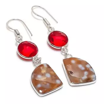 Серьги из серебра 925 пробы с натуральным океаническим яшмом и гранатом 2,05 дюйма b6K59