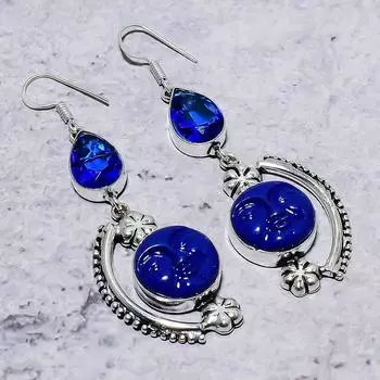 Серьги из серебра 925 пробы с синим лицом и голубым топазом, ручная работа, 2,88 дюйма I6D90