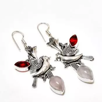 Серьги из серебра 925 пробы с розовым кварцем и гранатом, 2,27 дюйма