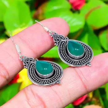 Серьги из серебра 925 пробы с драгоценным камнем зеленого оникса ручной работы 1,97 дюйма g2r09