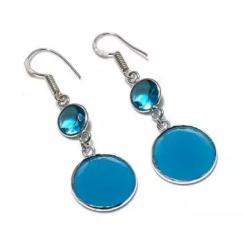 Серьги из серебра 925 пробы с натуральным голубым халцедоном и топазом 2,01 дюйма K5f40