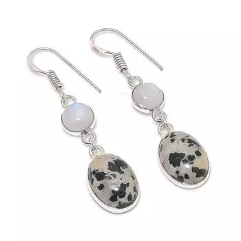 Серьги из серебра 925 пробы с натуральным далматинским яшмой и лунным камнем 1,89 дюйма M9h70
