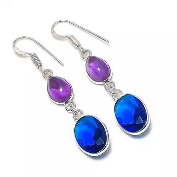 Серьги из серебра 925 пробы с натуральным лондонским голубым топазом и аметистом 1,97 дюйма j5t35