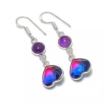 Серьги из серебра 925 пробы с натуральным двухцветным турмалином и аметистом 1,81 дюйма q2c83