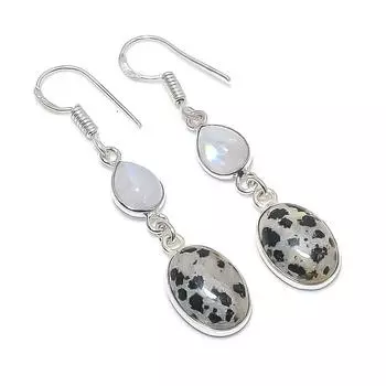 Серьги из серебра 925 пробы с натуральным далматинским яшмой и лунным камнем 2,01 дюйма M5m97