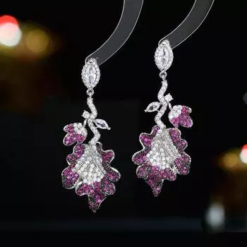 Серьги из серебра 925 пробы с легкой иглой, роскошные, с преувеличенными деталями, модное свадебное банкетное платье с серьгами в виде листьев из циркония фиолетовый