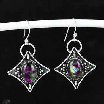 Серьги из серебра 925 пробы с цветным лабрадоритом, висячие серьги из серебра в стиле бохо, подарки на День матери 4 Cm фиолетовый