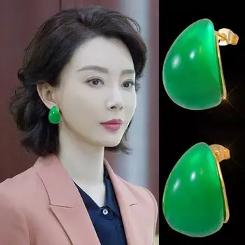 Серьги из серебра 999 пробы с зеленым жадеитом, в виде большой капли воды, женские, изумрудные, необычные серьги-пусеты, элегантные французские серьги для осени и зимы Green water drop