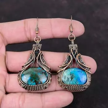 Серьги из шаттукита, серьги из медной проволоки, элегантные серьги, медные украшения, серьги ручной работы, подарок для нее, ювелирные изделия из драгоценных камней, обернутые проволокой
