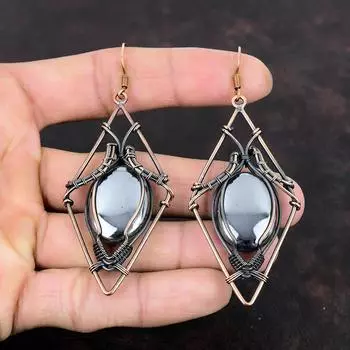 Серьги из шунгита, серьги из медной проволоки, серьги-подвески ручной работы, драгоценные камни, медные украшения, женские серьги, подарки для нее, ювелирные изделия из проволоки