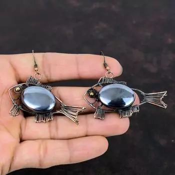 Серьги из шунгита, серьги с медной проволокой, серьги ручной работы, ювелирные изделия из натуральных драгоценных камней, серьги-рыбы, подарки для жены, ювелирные изделия с медной проволокой