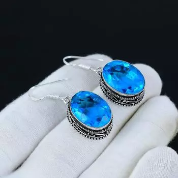 Серьги из швейцарского голубого топаза, серьги из стерлингового серебра 925 пробы, серебряные серьги ручной работы, антикварные серьги, драгоценный камень из швейцарского голубого топаза, подарки для матери 1.96 синий