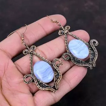 Серьги из синего кружева с агатом, медная проволока, ювелирные изделия из драгоценных камней, серьги ручной работы, медные серьги, дизайнерские ювелирные изделия, подарок для мамы, серьги из проволочной обертки