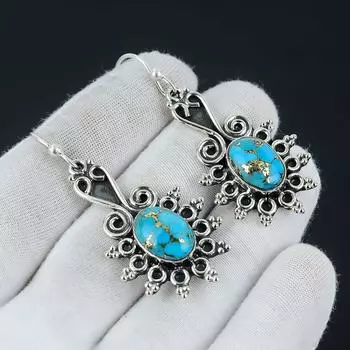 Серьги из синего медного камня с бирюзой, овальные серьги, серьги из стерлингового серебра 925 пробы, серьги с бирюзовым камнем, женские серьги 2.36 синий
