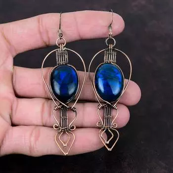 Серьги из синего огненного лабрадорита, серьги из медной проволоки с драгоценными камнями, ювелирные изделия из меди ручной работы, уникальные серьги в подарок для матери, ювелирные изделия из проволоки