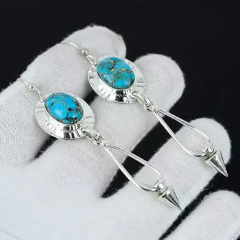 Серьги из синей меди и бирюзы, серебряные серьги, овальные серьги с драгоценными камнями, серьги из стерлингового серебра 925 пробы, натуральный драгоценный камень, серьги для медитации 3.14 синий