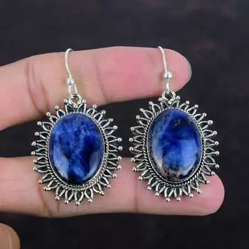 Серьги из содалита, настоящие драгоценные камни, серьги ручной работы, серьги из стерлингового серебра 925 пробы, элегантные серьги, настоящие украшения из содалита, подарки для жены