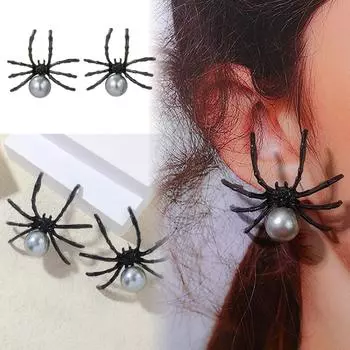 Серьги из сплава с черным пауком и жемчугом в стиле готика, темный ретро-панк, минималистичный Хэллоуин