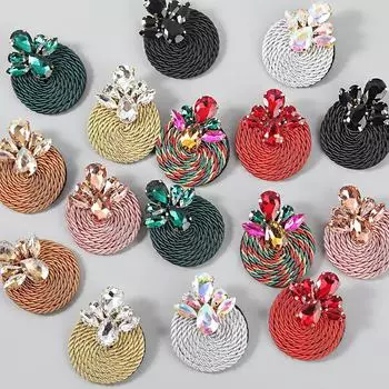 «Серьги из сплава стекла и бриллиантов в европейском и американском геометрическом стиле: Эластичная линия из полиэстера, плетеный круглый дизайн. красный