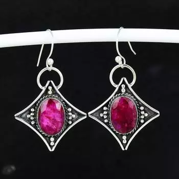 Серьги из старинного серебра 925 пробы с рубинами из кашмира, серьги-подвески из серебра в стиле бохо, подарки для ватки, подарки для нее 4 Cm красный