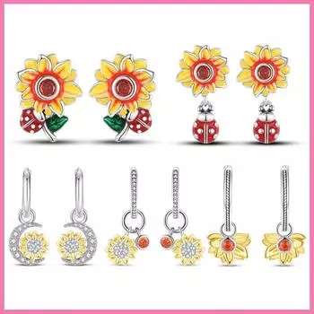 Серьги из стерлингового серебра 100% 925 пробы для женщин, сверкающие серьги с цветком подсолнуха из циркона, букле Doreilles Femme Tendance белый