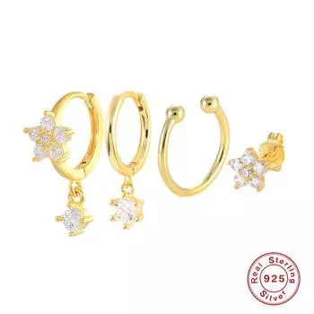 Серьги из стерлингового серебра 925 пробы, серьги-клипсы из четырех частей, комбинированный комплект, серьги-гвоздики из цветного циркония с пятью лепестками в форме цветка 925 Silver