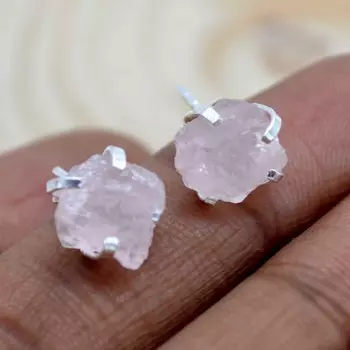 Серьги из стерлингового серебра 925 пробы из необработанного розового кварца, грубые серьги ручной работы из натурального необработанного драгоценного камня, подарок для нее розовый