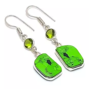 Серьги из стерлингового серебра 925 пробы с натуральной зеленой бирюзой и драгоценным камнем перидот 1,81 дюйма f2C29