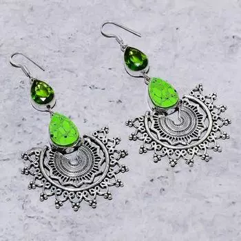 Серьги из стерлингового серебра 925 пробы с натуральной зеленой бирюзой и драгоценным камнем перидот 3,35 дюйма I8E14