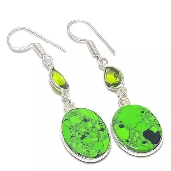 Серьги из стерлингового серебра 925 пробы с натуральной зеленой бирюзой и драгоценным камнем перидот 1,93 дюйма B8D81