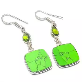 Серьги из стерлингового серебра 925 пробы с натуральной зеленой бирюзой и драгоценным камнем перидот 1,97 дюйма B3L51