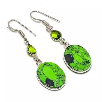 Серьги из стерлингового серебра 925 пробы с натуральной зеленой бирюзой и драгоценным камнем перидот 2,01 дюйма P3t81