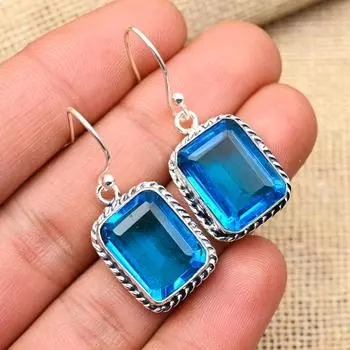 Серьги из стерлингового серебра 925 пробы с синим топазом ручной работы для свадебного подарка 1.6 Inches синий