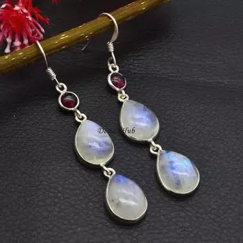 Серьги из стерлингового серебра 925 пробы с красным гранатом и лунным камнем Серьги-капли Серьги в стиле бохо Дизайнер ручной работы Серьги-капли и подвески Подарок на Рождество 2.20 белый
