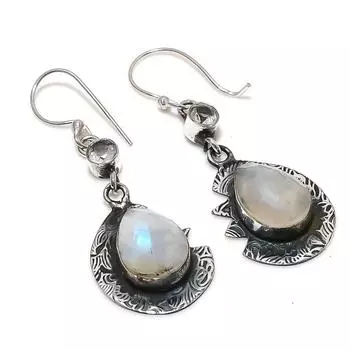 Серьги из стерлингового серебра 925 пробы с натуральным радужным лунным камнем и белым топазом 1,97 дюйма C7o19