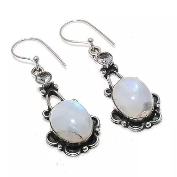 Серьги из стерлингового серебра 925 пробы с натуральным радужным лунным камнем и белым топазом, 2,09 дюйма, N6w32