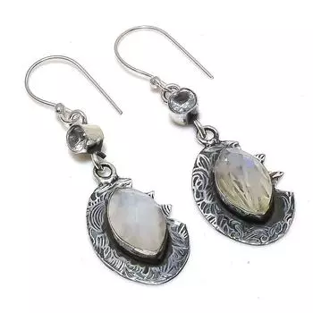 Серьги из стерлингового серебра 925 пробы с натуральным радужным лунным камнем и белым топазом 2,25 дюйма G4h24