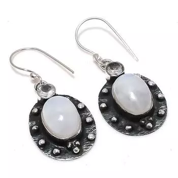 Серьги из стерлингового серебра 925 пробы с натуральным радужным лунным камнем и белым топазом 1,77 дюйма h1A81