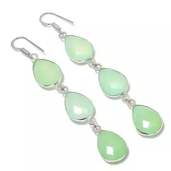 Серьги из стерлингового серебра 925 пробы с натуральным зеленым халцедоном 3,43 дюйма q9k93