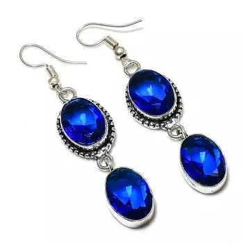 Серьги из стерлингового серебра 925 пробы с натуральным лондонским голубым топазом 2,36 дюйма L0e34