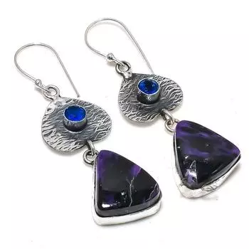 Серьги из стерлингового серебра 925 пробы с натуральным русским чароитом и голубым топазом 2,36 дюйма Y7P74