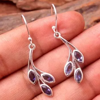 Серьги из стерлингового серебра 925 пробы с натуральным иолитовым камнем Ювелирные изделия ручной работы