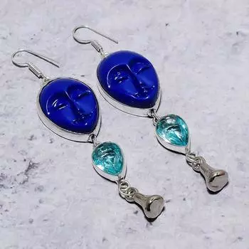 Серьги из стерлингового серебра 925 пробы с натуральным синим лицом, апатитом, 3,55 дюйма Z3B35