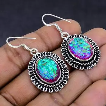 Серьги из стерлингового серебра 925 пробы с натуральным розовым тройным опалом, 1,69 дюйма, q7V11